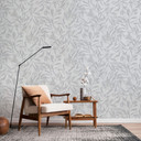 Papel pintado no tejido blanco gris hojas aspecto vintage floral naturaleza 