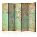 Paravent Séparation de pièce - Carte du monde turquoise, 5 pièces - 225x172 cm