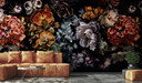 Fototapet med motiv af mørkt blomsterstilleben med orkideer 3,4 x 2,65 m