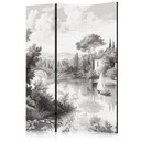 Paravent, Raumteiler freistehend, Trennwand - Black and White Vintage Landscape: Pond with Boat