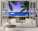 Fototapete Fenster mit Blick auf einen tropischen Strand