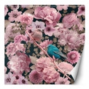 Fototapete, Blauer Vogel auf einem Hintergrund aus rosa Rosen - Andrea Haase