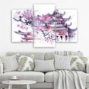 3 stykke lærredstryk, Pagoda Cherry Tree Japan Painted