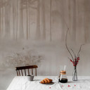 Bos Fotobehang - bos bij het meer in beige mist - Ms Tiff