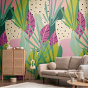 Fototapet med tropisk motiv farverigt grønt rosa - jungletapet moderne med blade - Ikke-vævet tapet