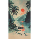 Puesta de sol tropical, palmeras, lago - Papel pintado no tejido, extensible, naturaleza