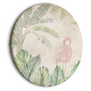 Rundes Leinwandbild Vögel waten in exotischer Flora | Rosa Flamingo meets Palme