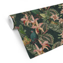 Papier peint à motifs jungle avec perroquets vert nuit - Bloomery Decor