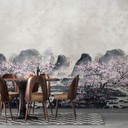 Papier peint photo Fleurs de cerisier dans la brume avec montagnes dans les tons gris et rose pâle 2
