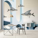 Tapisserie photo Moderne-Artwork avec des poissons volants - papier peint intissé dans les tons bleu