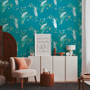 blomstertapet med fugle - tapet påfugl turkis gul - blomstertapet designer