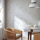 Papel pintado no tejido blanco gris hojas aspecto vintage floral naturaleza 