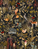 Fototapet med junglecollage med dyr og planter på sort baggrund 2,7 x 2,12 m