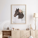 Czarny boho plakat koń z różami | Plakat dla dzieci dla miłośników koni 