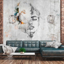 Papier peint artistique femme fleur gris multicolore - Papier peint intissé 3,75 m x 2,50 m moderne 
