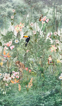 Fototapet med motiv af jungledyr og blomster med tukan akvarel 2,7 x 1,59 m