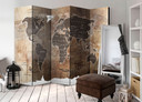 Skærm til rumopdeling - Verdenskort - vision af kloden i træ, 5-delt - 225x172 cm