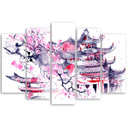 5 stykke lærredstryk, Pagoda Cherry Tree Japan Painted