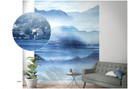 Tapet Fototapet med tågedal ved sø Blå, Grå, Illustration 2,70 x 2,12 m