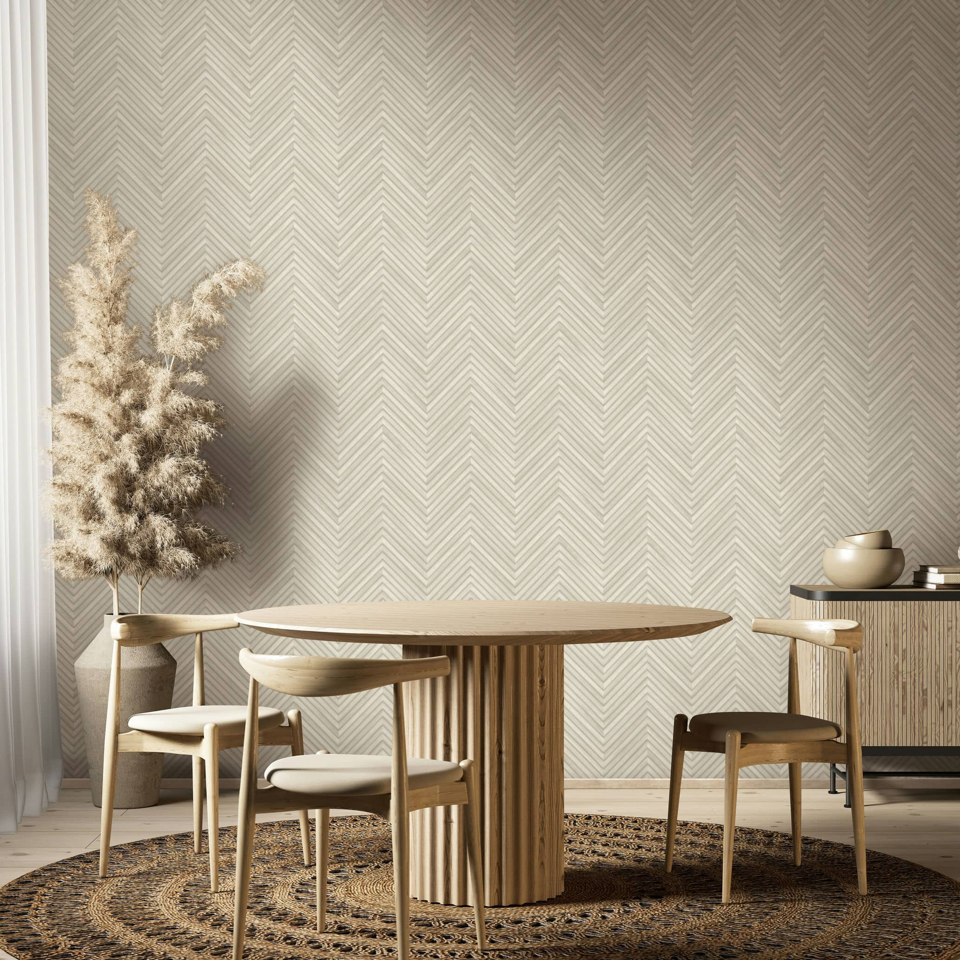 Vliesbehang met visgraatmotief en houtlook beige houtlook
