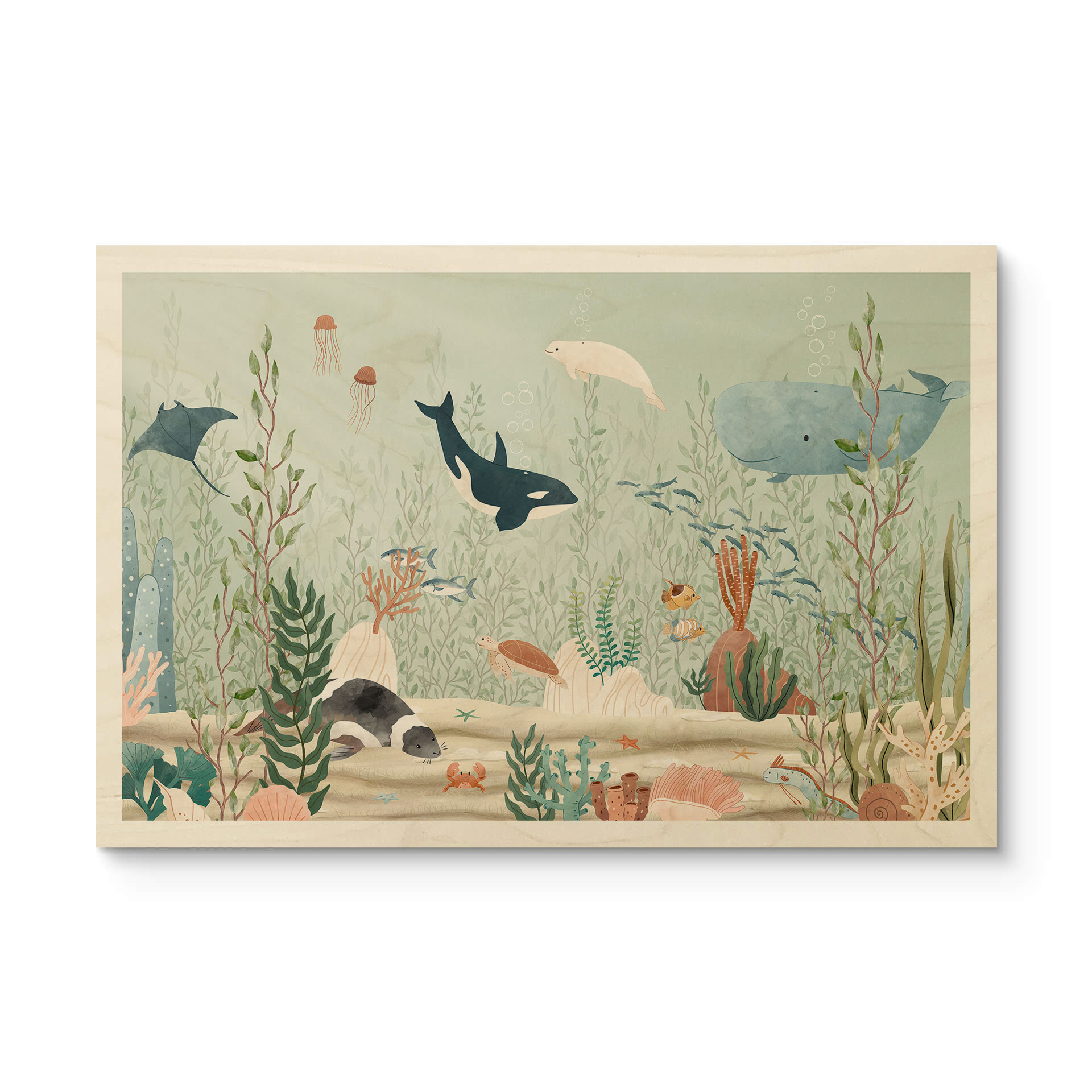 Plakat drewniany przedstawiający morskie stworzenia w głębi oceanu - Oliver Robins