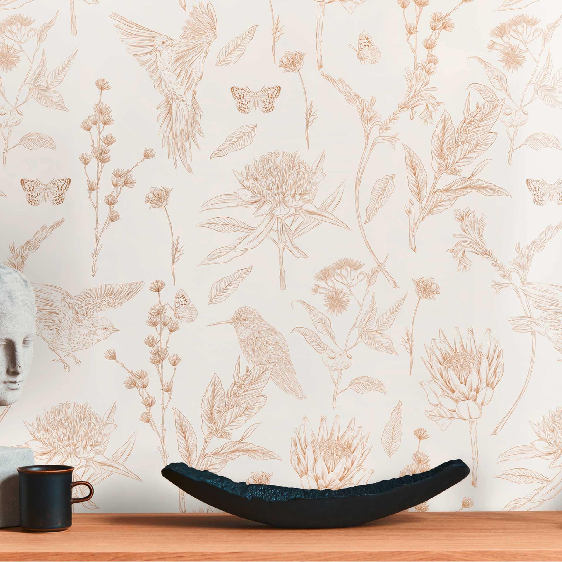 vliesbehang met bloemen en vogels wit bruin - behang bloemmotieven in karakterstijl