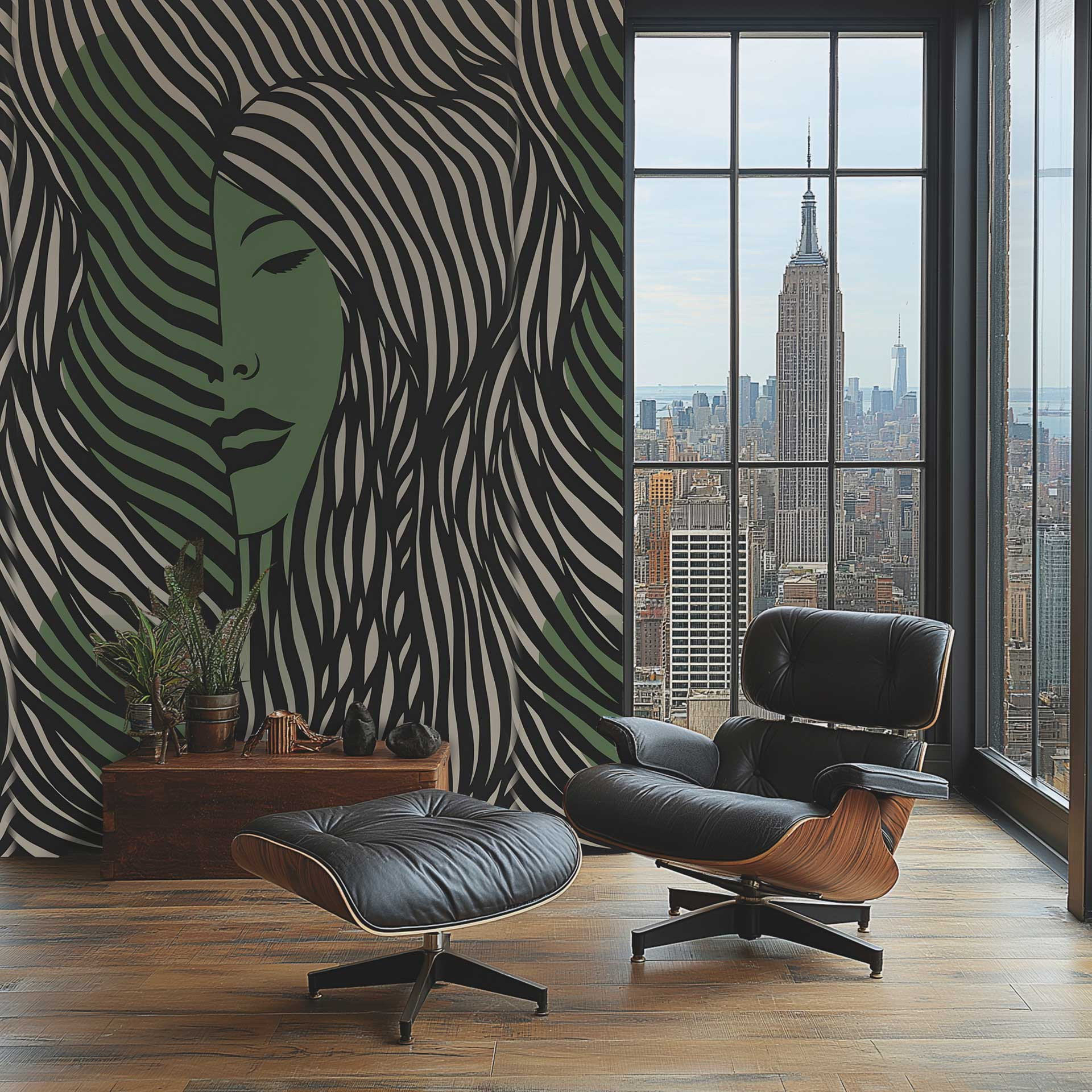 Fotobehang gezicht illustratie zwart groen - Vliesbehang modern & uittrekbaar