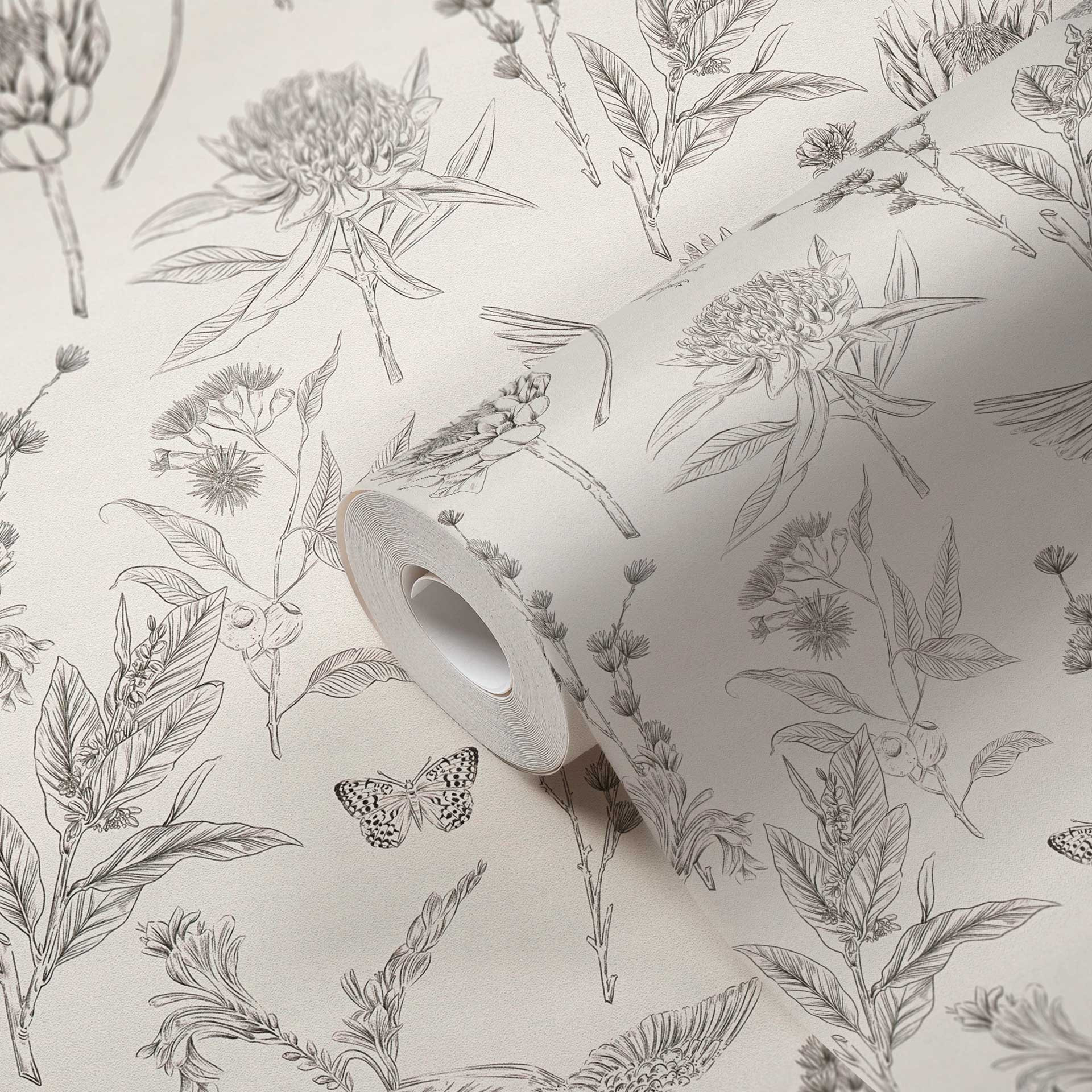 vliesbehang met bloemen en vogels zwart wit - behang bloemmotieven