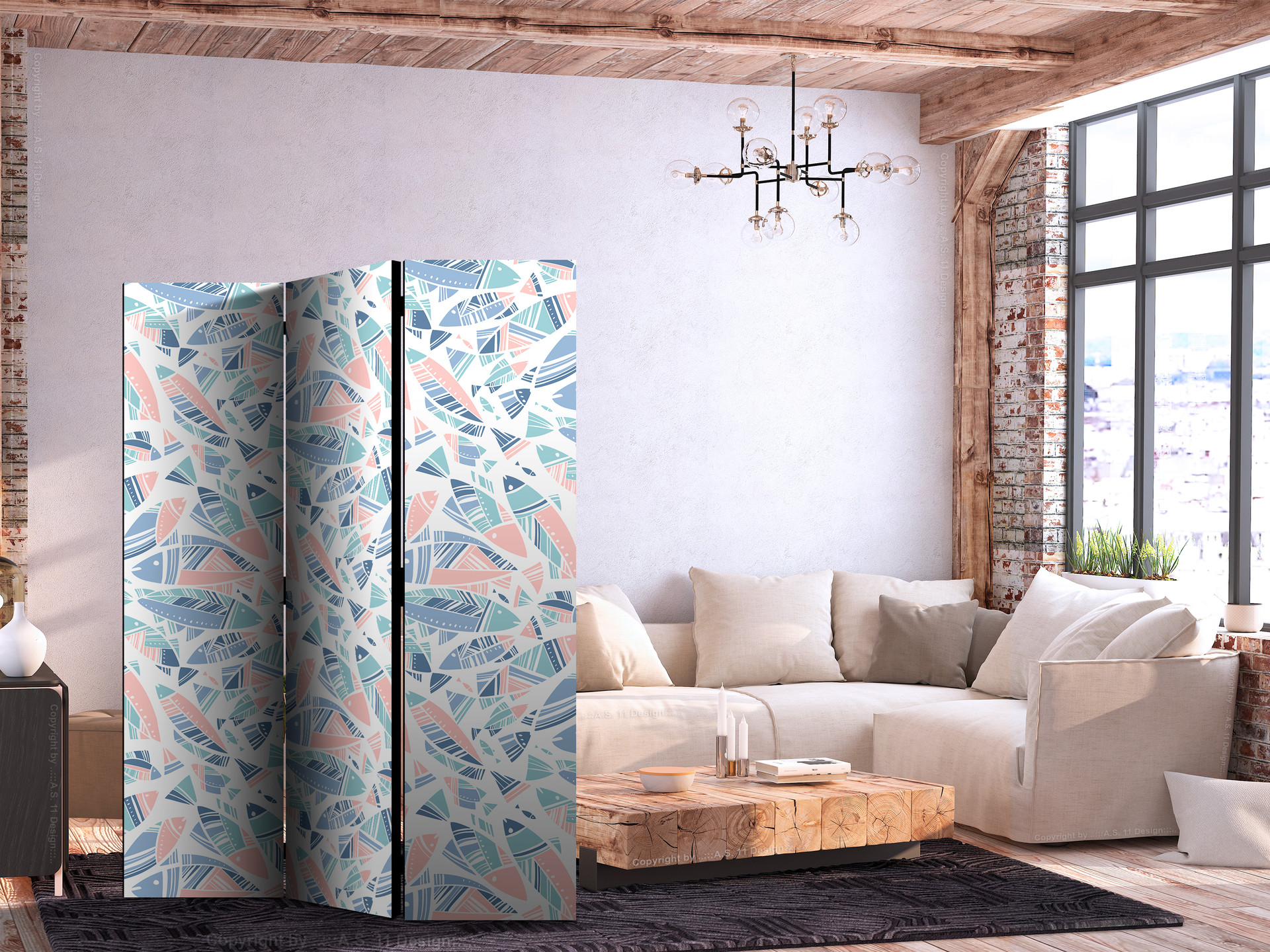 Paravent, Raumteiler freistehend, Trennwand - Fish in Aztec Style in Pastel Color Shades