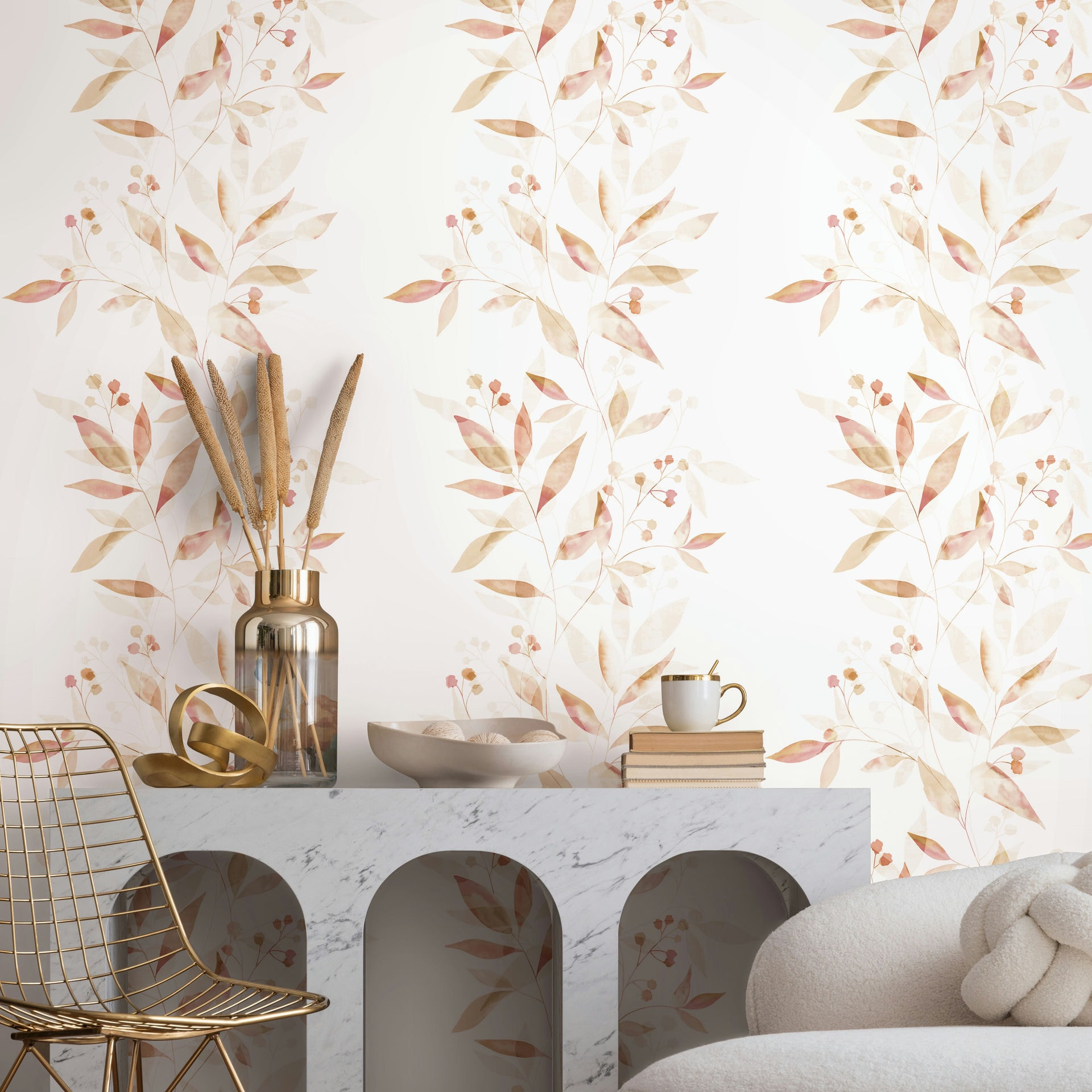 Vliesbehang bladeren bloem natuur mat in wit beige