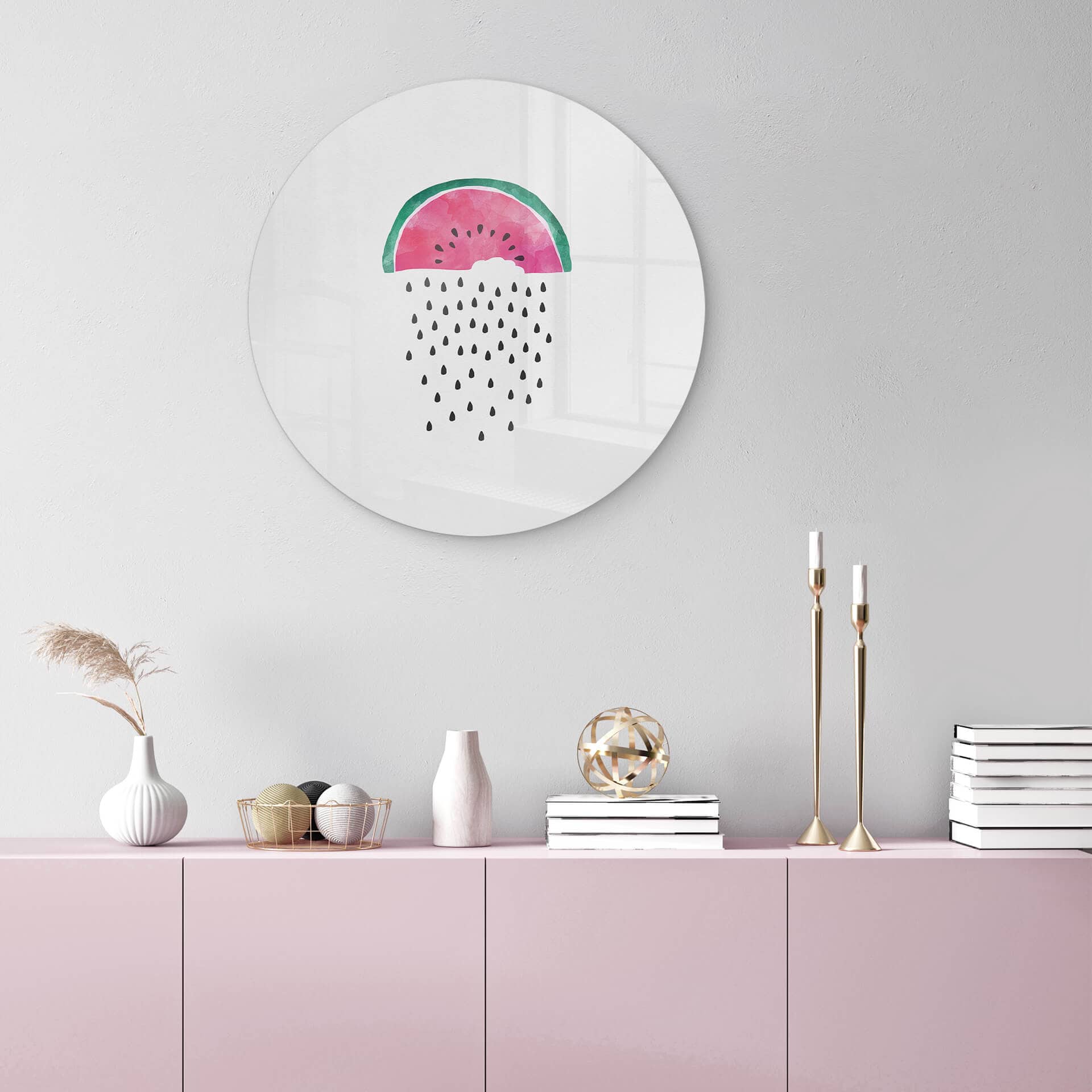 Tableau sur verre rond Orara Studio - Pastèque avec pluie