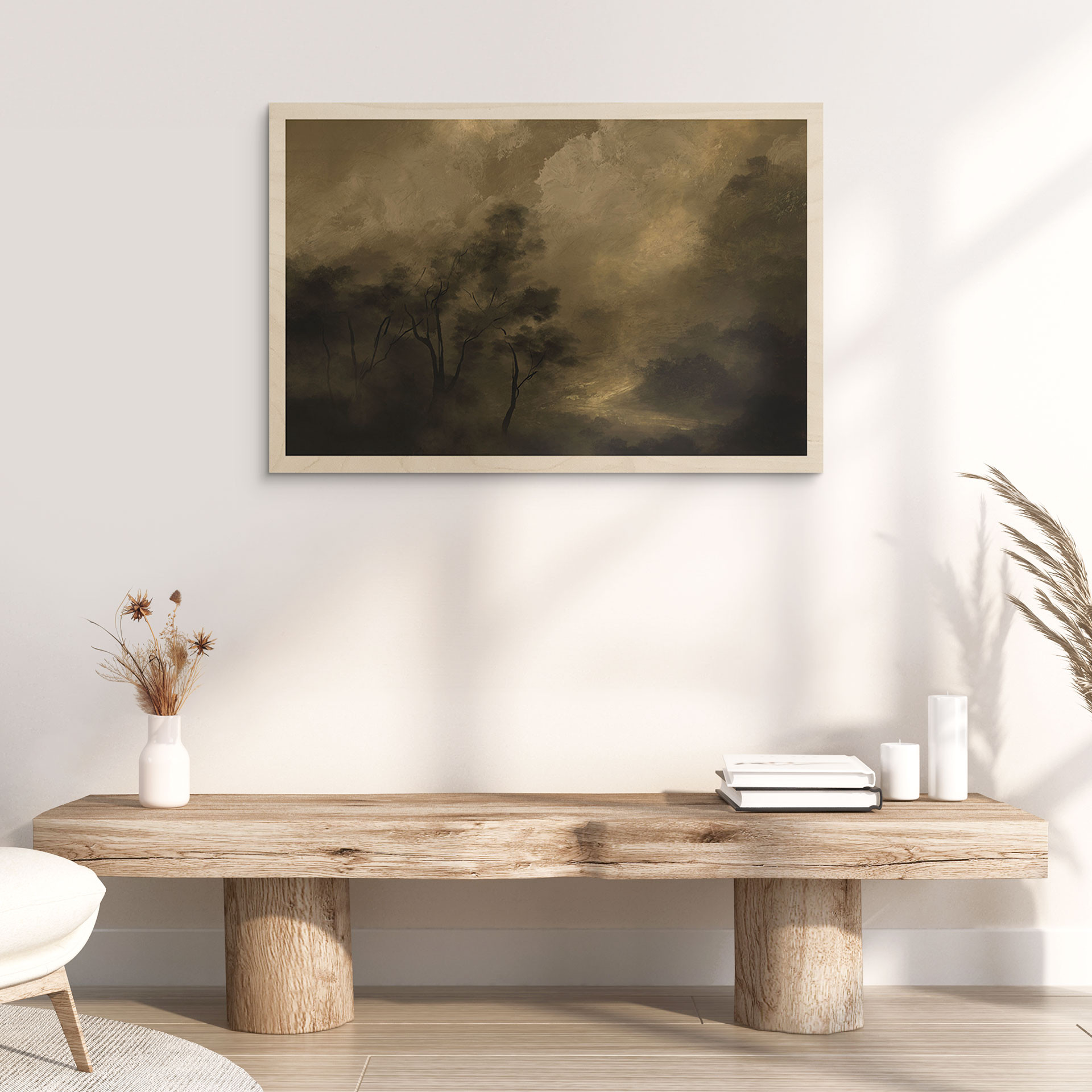 Plakat drewniany Drzewa we mgle zmierzchu - Hobday