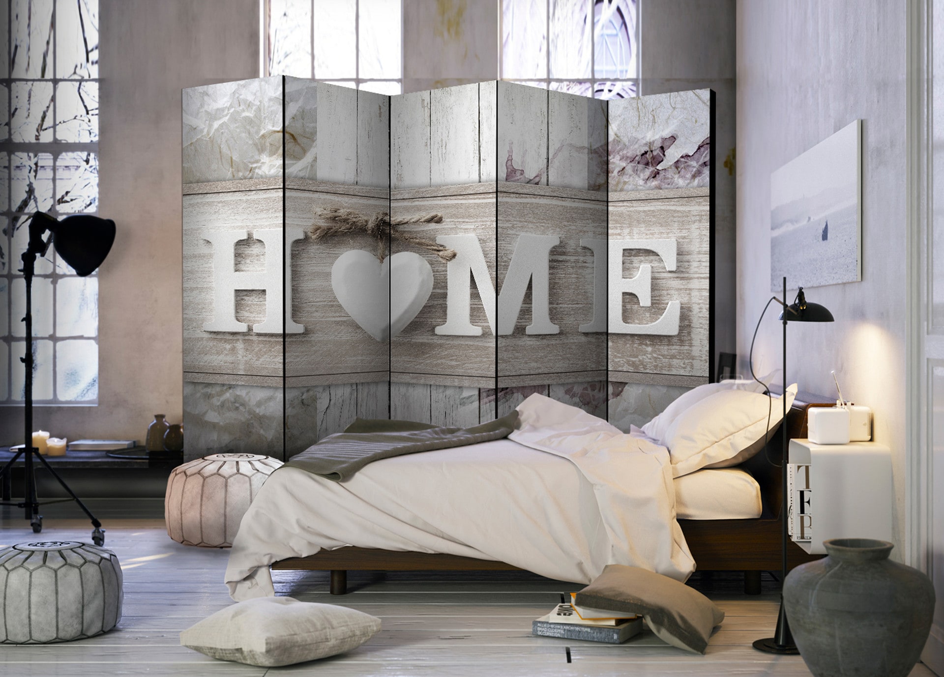 Screen room divider - Love creates a home, 5-delt - 225x172 cm