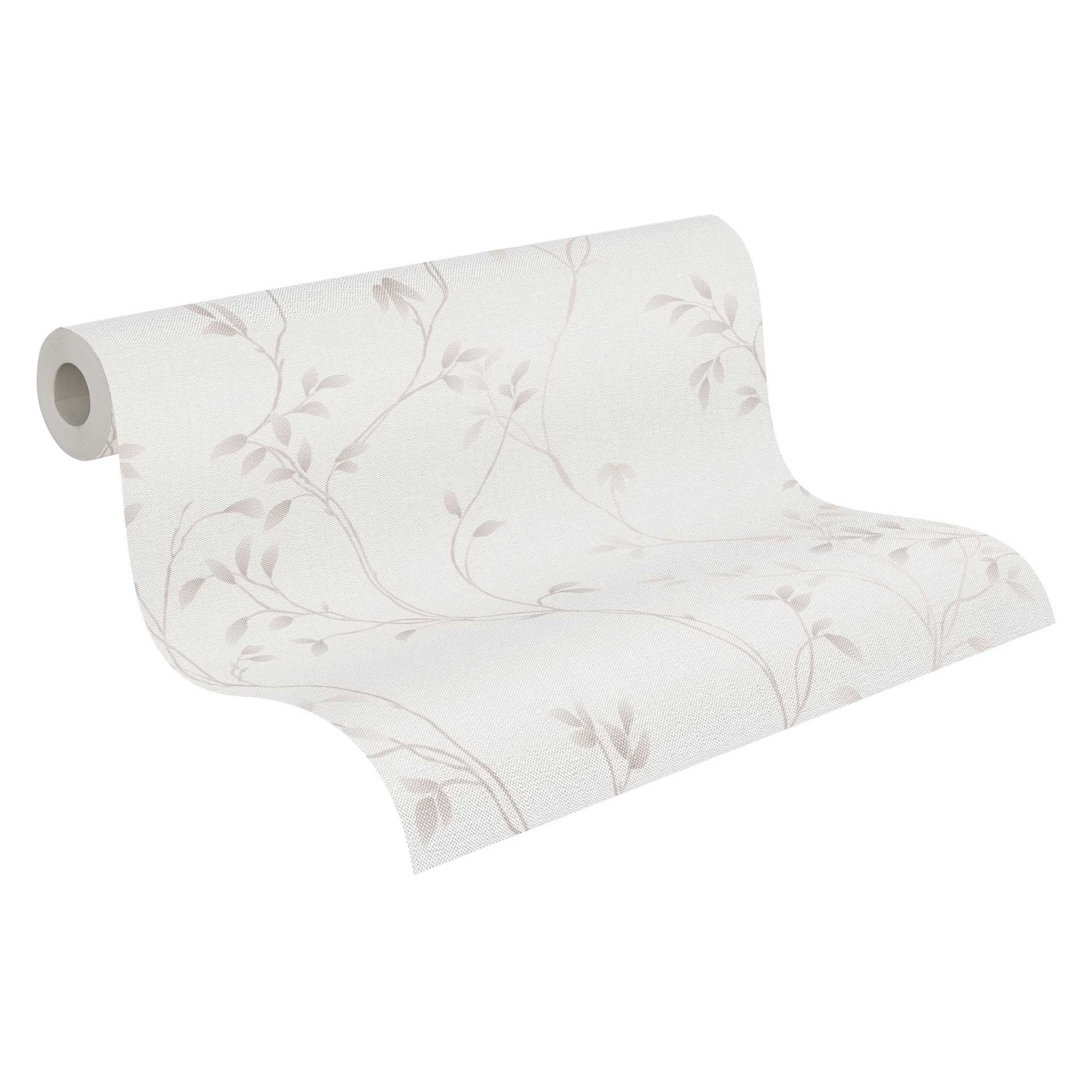 Vliesbehang met bloemenranken in wit grijs en een delicaat bladpatroon