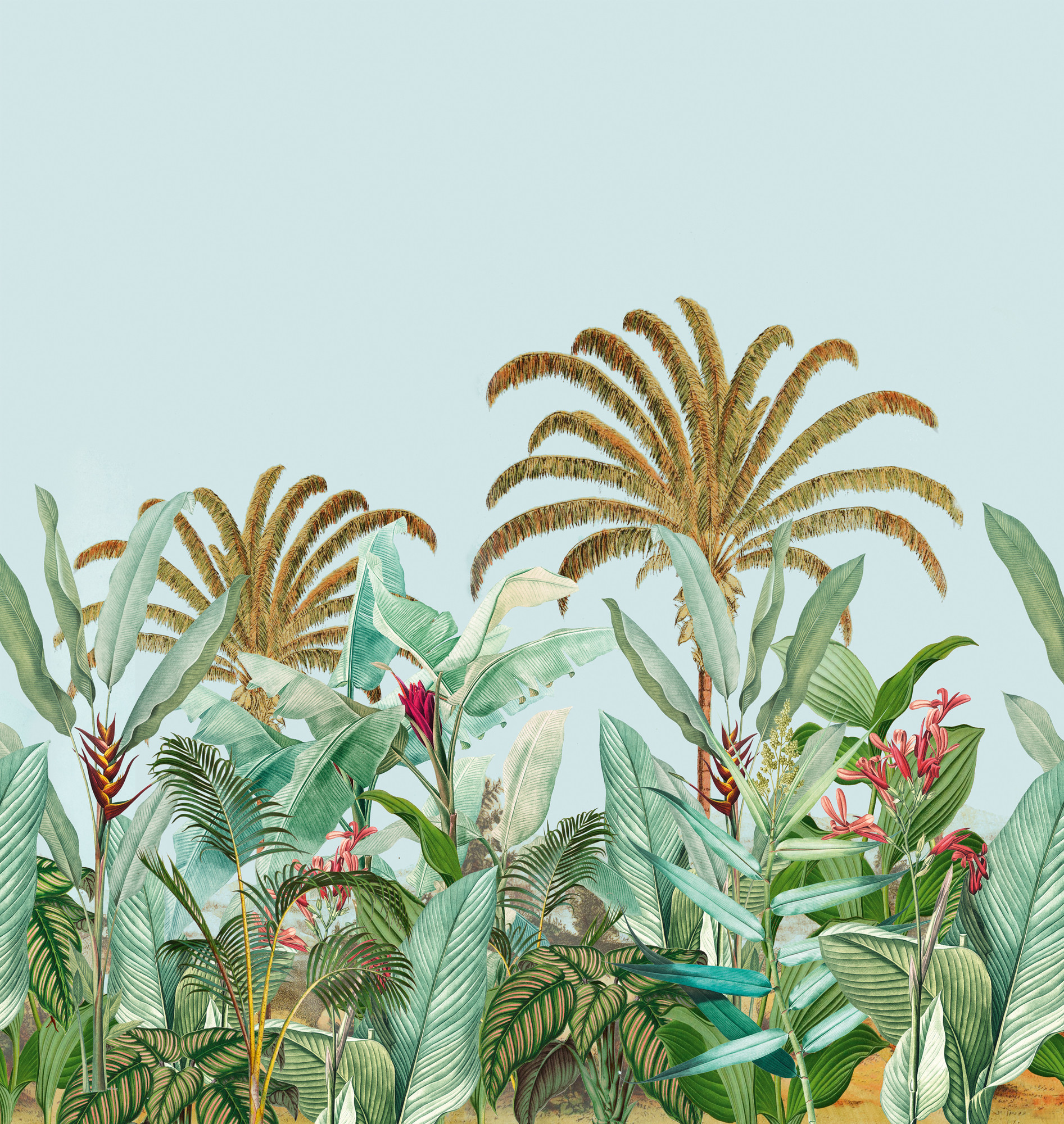 jungle behang blauw groen - vliesbehang botanisch Livingwalls - mat en glad