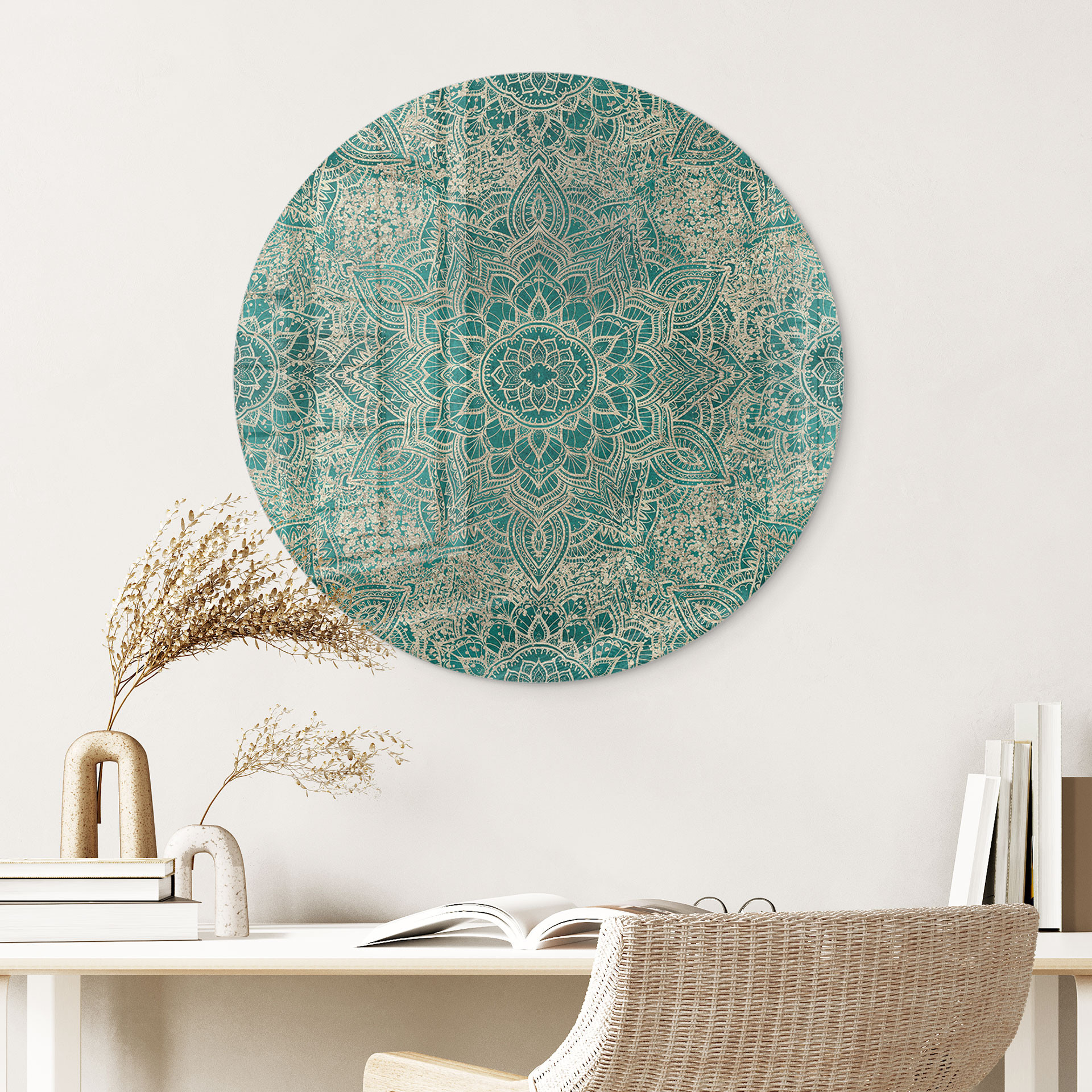 Glasbillede - Mandala Boho Guld-grøn - Bloomery Decor - Rund