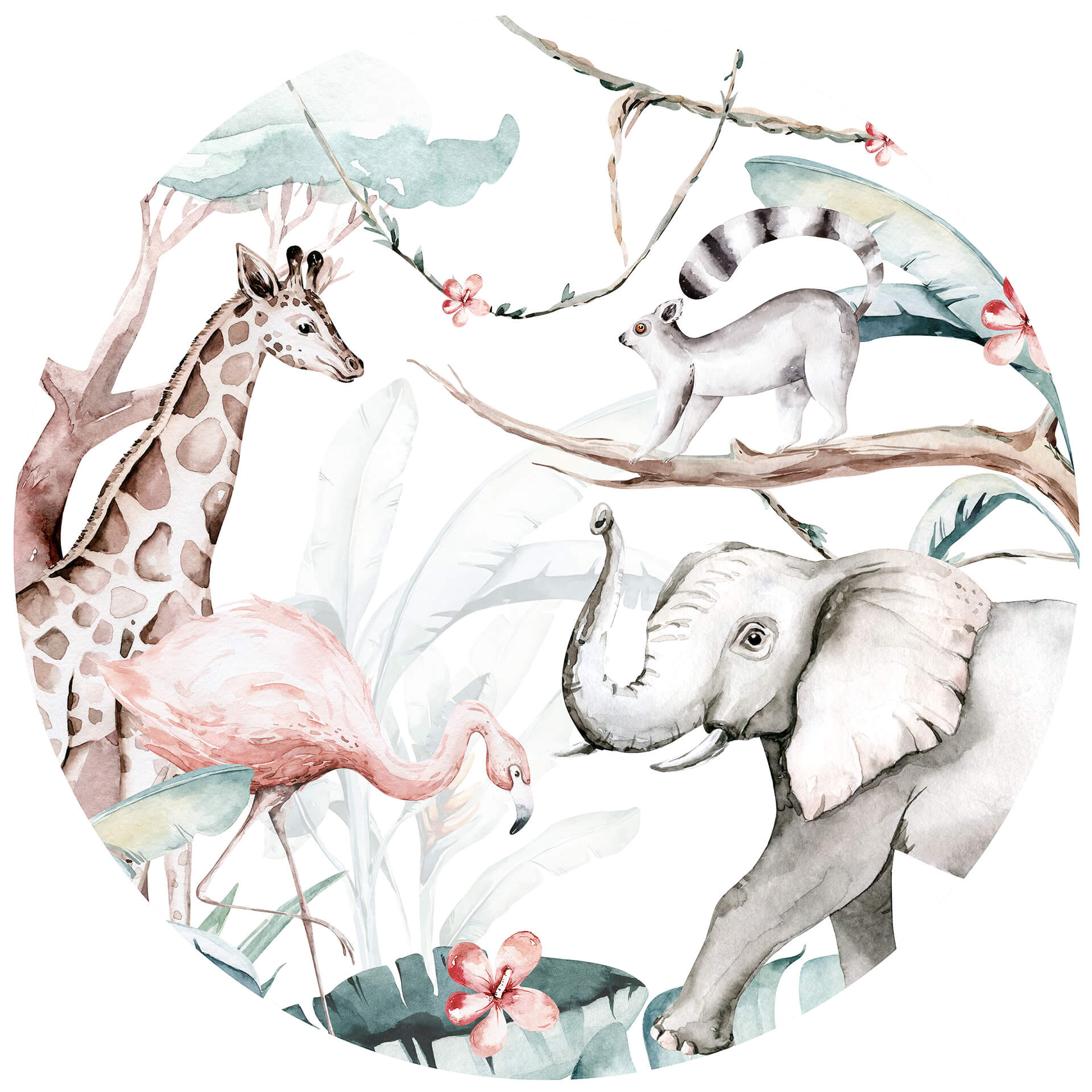 Behangcirkel Kvilis - Dierenvrienden in de Jungle - vliesbehang/zelfklevend vliesbehang