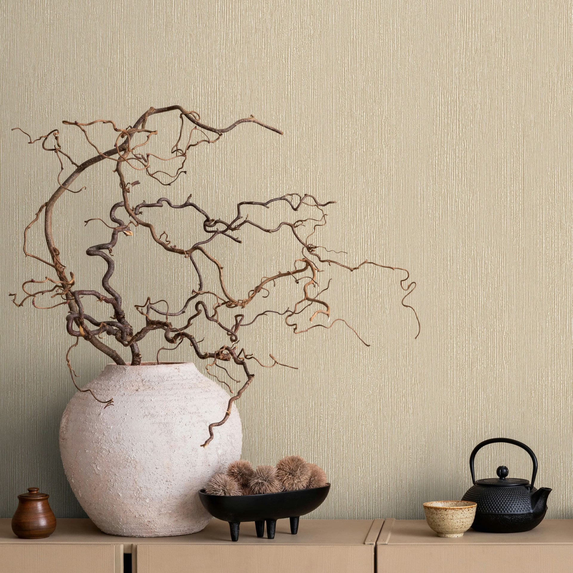 Vliesbehang in textiellook met structuur beige effen