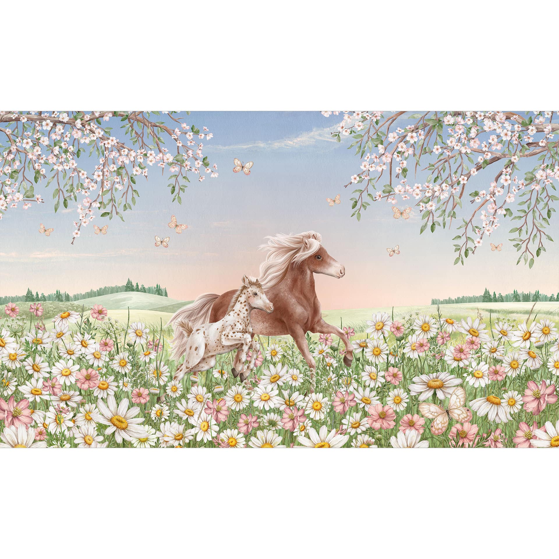 Fotobehang kinderkamer Paarden in de bloemenweide - Kikki Belle
