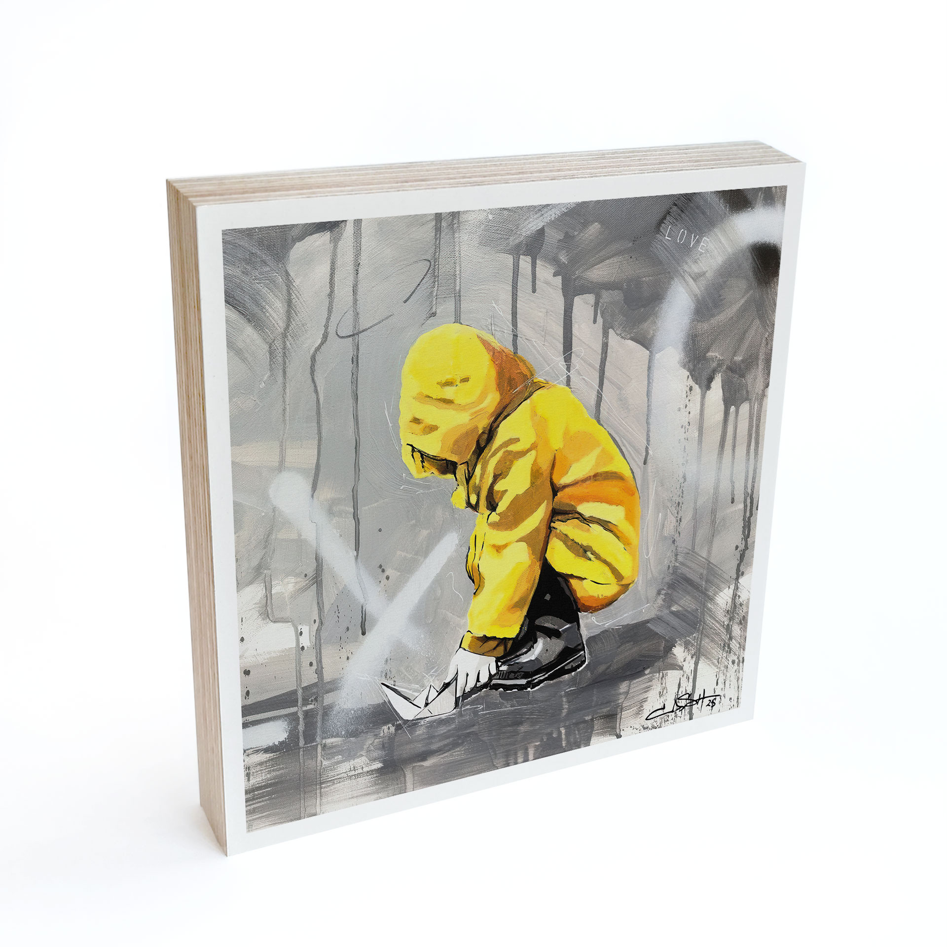 Quadro in legno da appoggiare Bambino con Barchetta di Carta Street Art - Habib - 15x15 cm