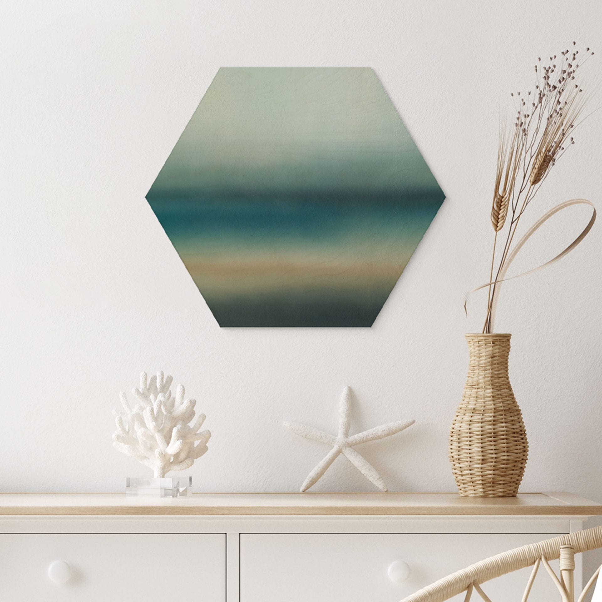 Hexagon Houten Schilderij Rotko Blush - Turquoise Horizon - Sir Edward x Grigory Gladarev