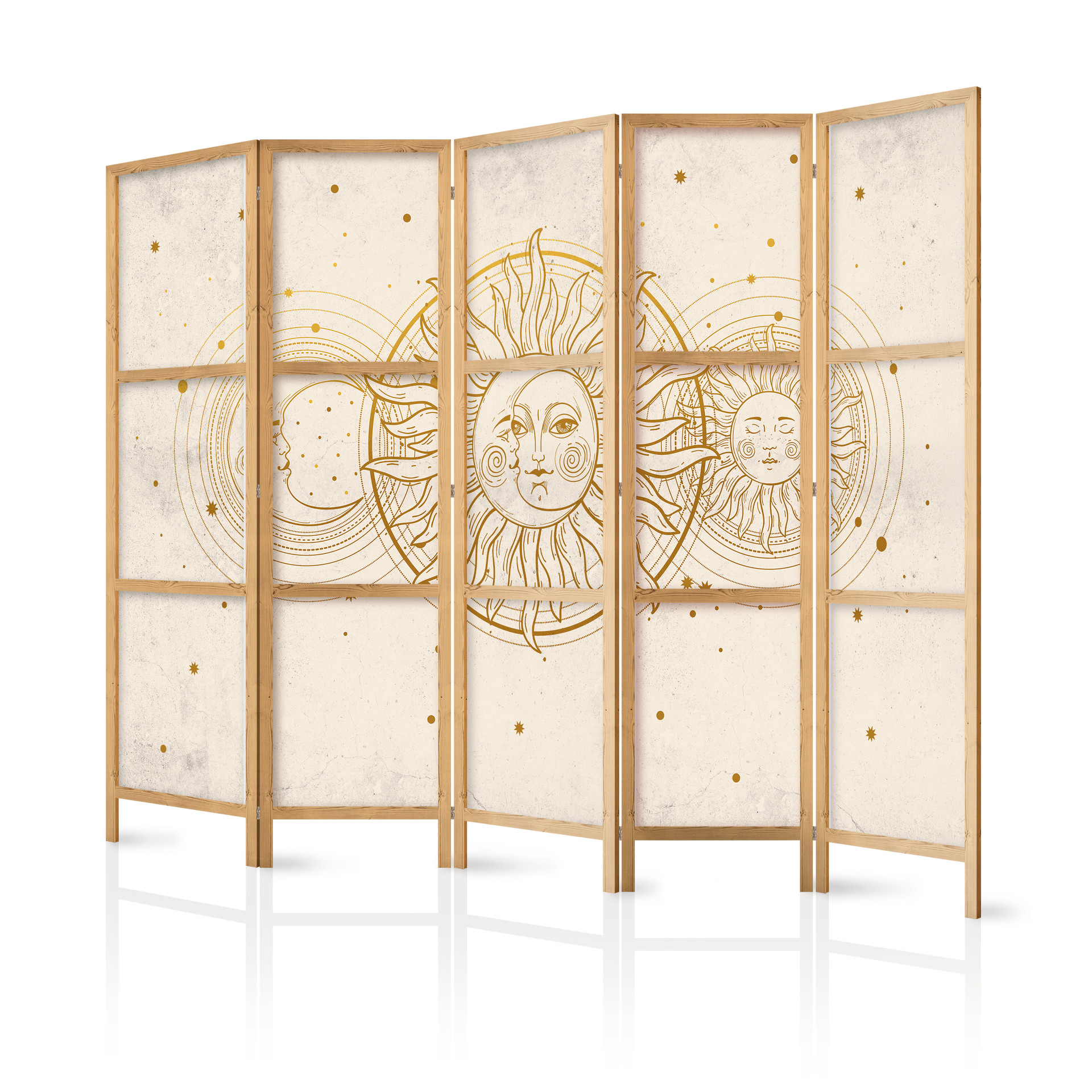 Japanischer Paravent, Raumteiler freistehend, Trennwand - Golden Sun and Moon: Artistic Retro
