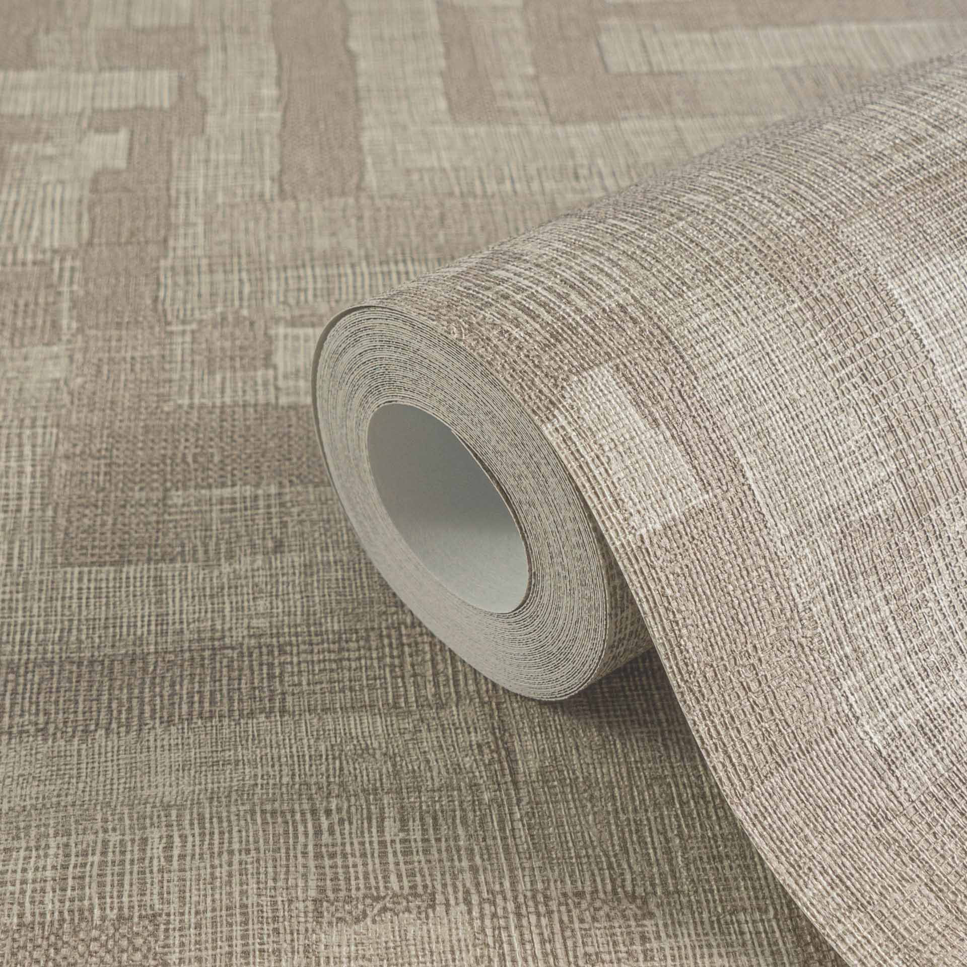 Textuurbehang met linnenstructuur bruin-beige - Geometrisch monster