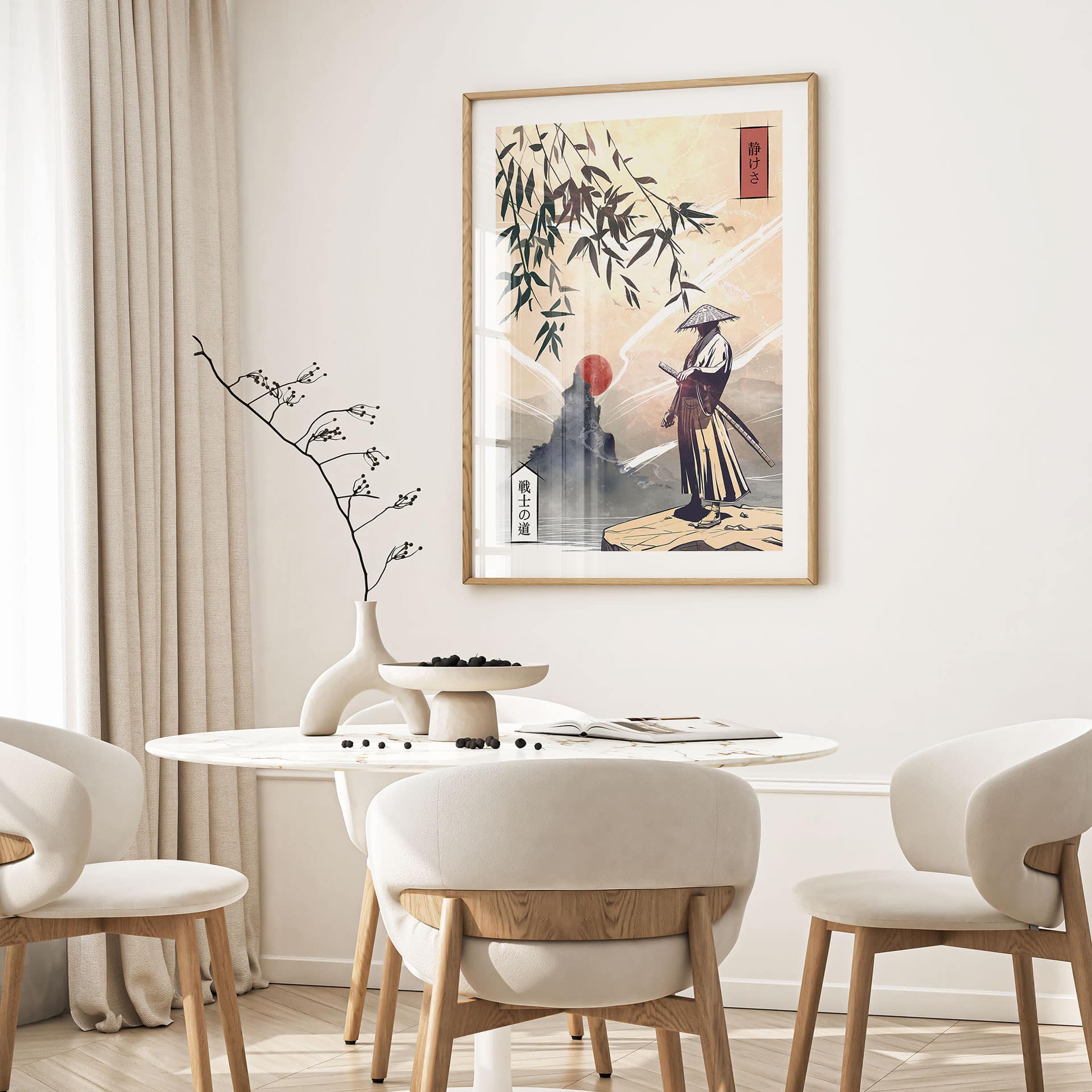Poster Samurai con spada davanti all'alba - Roze