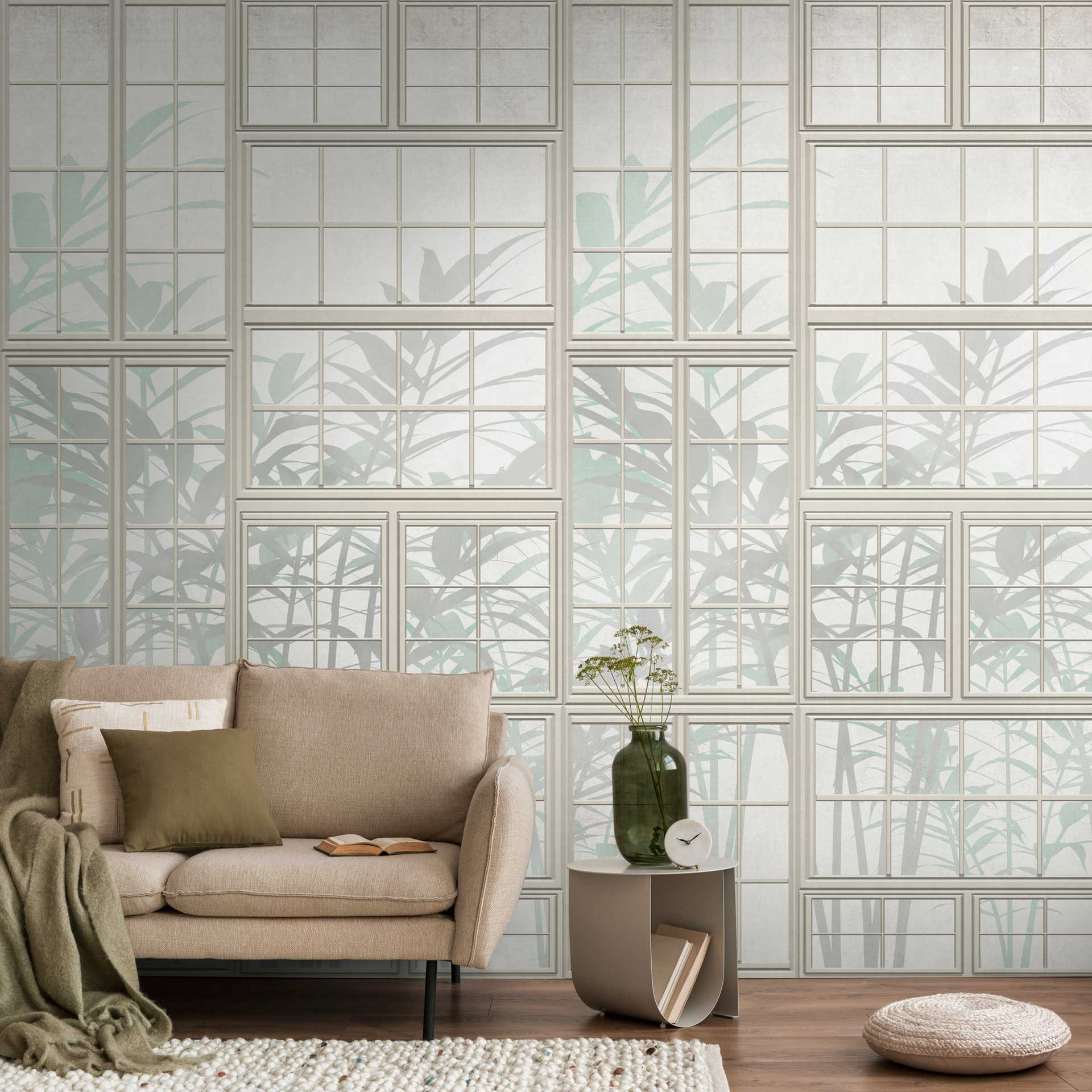 raamschildering met plantenmotief - vliesbehang natuurlook - woonkamer 3D behang