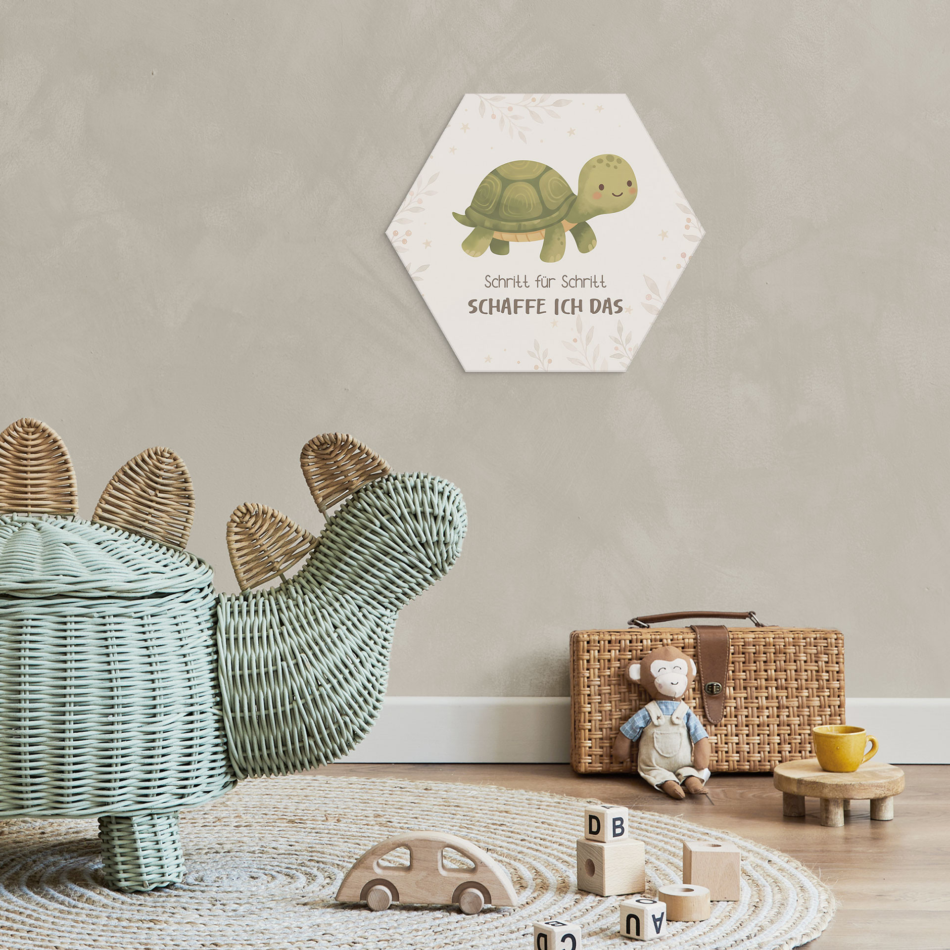Alu-Dibond Hexagon mit Schildkröte - positiver Spruch 'Schritt für Schritt schaffe ich das'