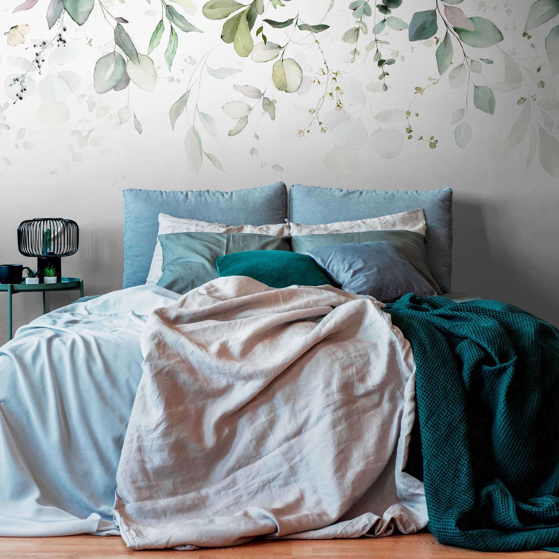 Leaves Green White - vliesbehang met aquarel motief voor woonkamer & slaapkamer