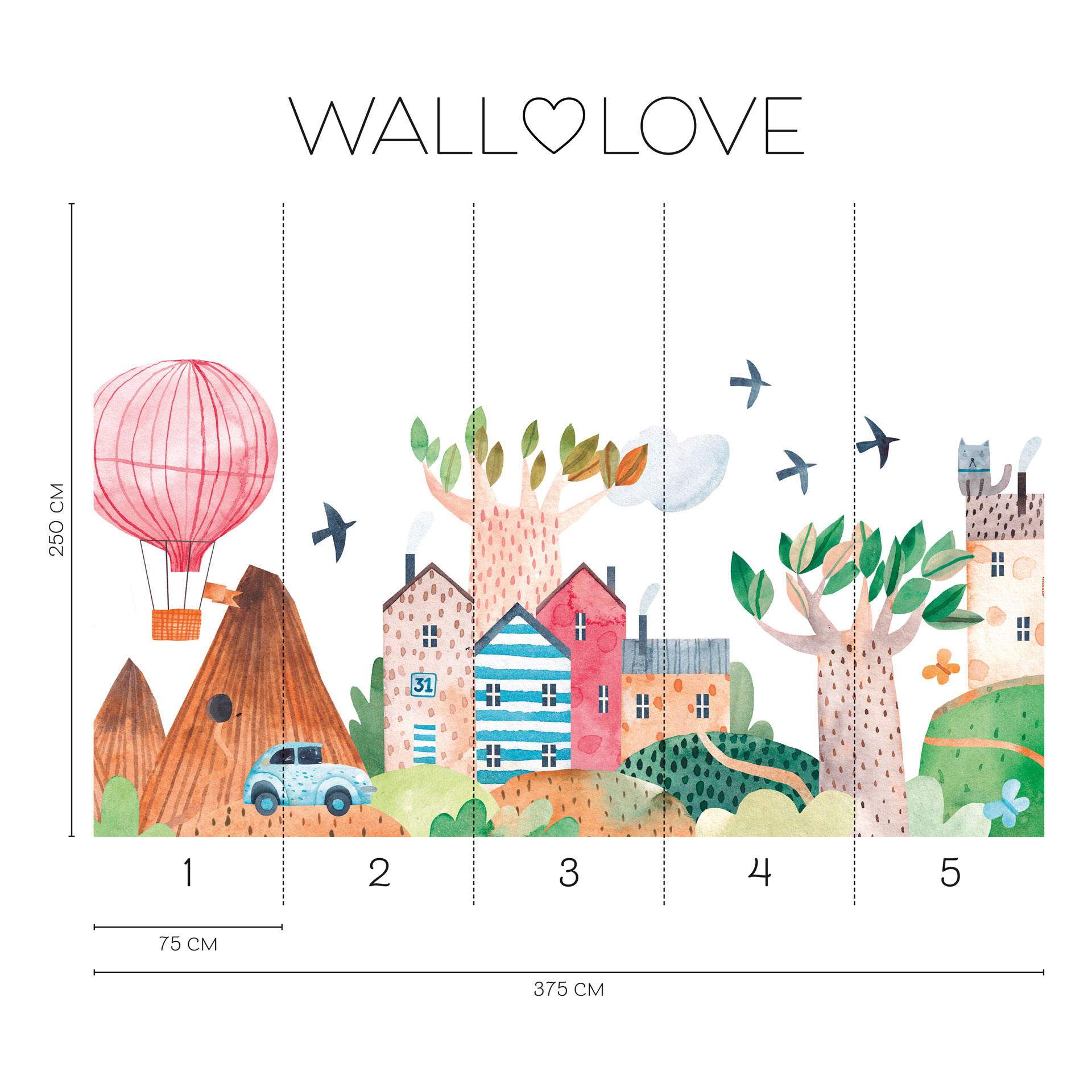 Fototapet med varmluftsballon og eventyrlandsby - 375 x 250 cm - Ikke-vævet tapet | WALL LOVE