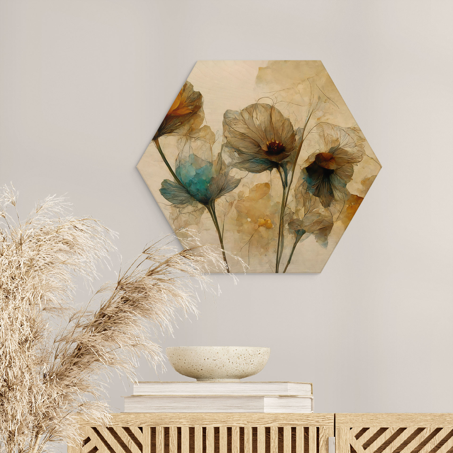 Hexagon Billede af træ Tørrede valmueblomster i vintagelook - Treechild