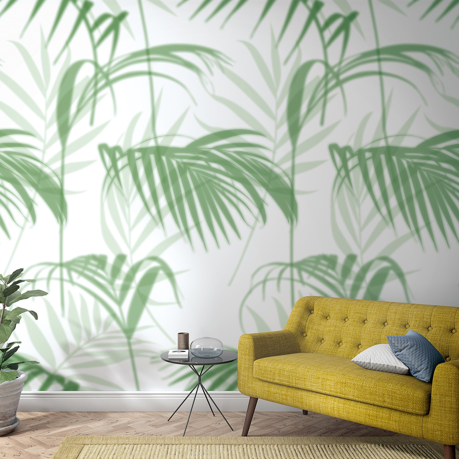 Bladmotief behang Fotobehang groen, grijs,Bloem 2.70 x 1.59 m